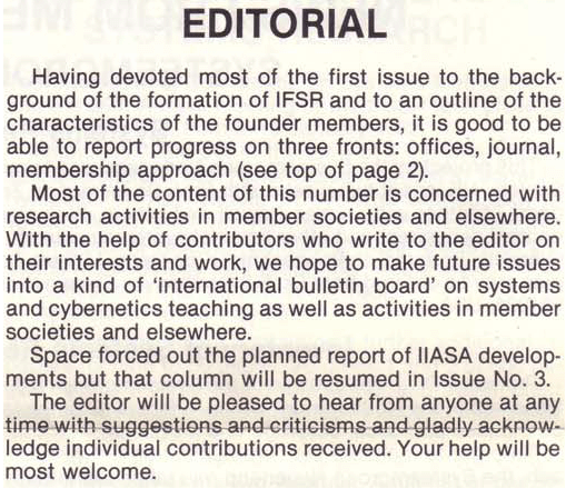 IFSR Newsletter 1982 Vol.2 No.1 Spring Editorial